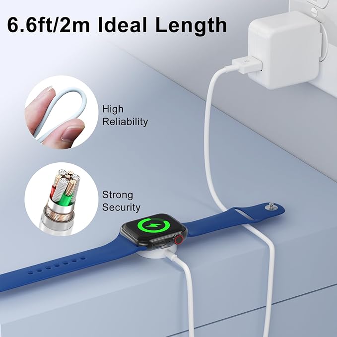 2Pack 6.6ft/2m for Apple Watch Charger USB Magnetic Wireless Fast iWatch Charger Portable Compatible with iWatch Ultra/Series 9/8/7/6/SE/SE2/5/4/3/2/1-White