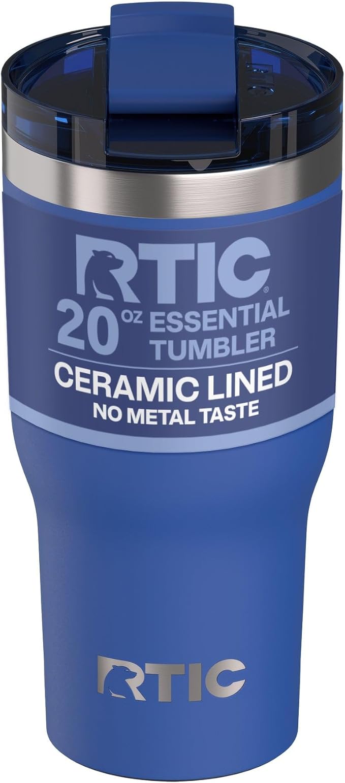 RTIC 20oz Essential Tumbler with Lid, Ceramic Lined, Insulated, Stainless Steel, Metal, Double Wall Vacuum-Insulation, Travel Cup for Iced Coffee, Tea, Hot and Cold Drink, Cobalt