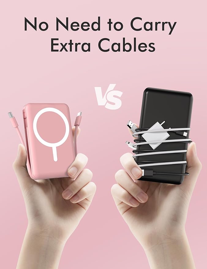 podoru for Magsafe Battery Pack, 10000mAh Magnetic Power Bank Built-in Double USB C Cables 20W PD Fast Charging LED Display Wireless Portable Charger for iPhone 17/16/15/14/13/12 Series-Pink