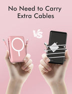 podoru for Magsafe Battery Pack, 10000mAh Magnetic Power Bank Built-in Double USB C Cables 20W PD Fast Charging LED Display Wireless Portable Charger for iPhone 17/16/15/14/13/12 Series-Pink
