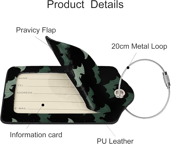 2 Pack Luggage Tags for Suitcases, PU Leather Bag Tag with Privacy Cover Address Card Travel Essentials-Bat Halloween