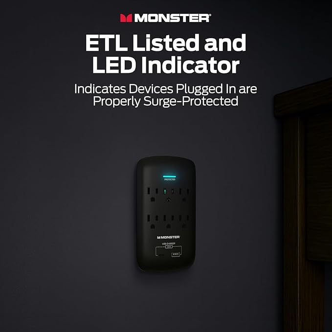 Monster 6 Outlet Wall Plug Surge Protector w/ 1,200 Joules Rating — Safe, Reliable Outlet Extender w/ 1 USB-A, 1 USB-C Charging Ports — Fireproof MOV, ETL Listed, Dual Mode Wall Tap (Black)