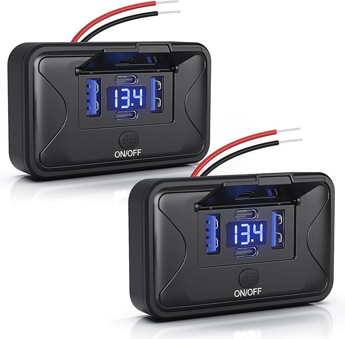 2PCS Gibbab 108W 4 Ports 12V RV USB Switch Outlet Voltmeter, 2*36W PD3.0 Type-C + 2*18W QC3.0 Quick Charge Panel Wall Mount Car Charger Socket Waterproof Multi-Port Adapter for Bus Marine Truck Boat