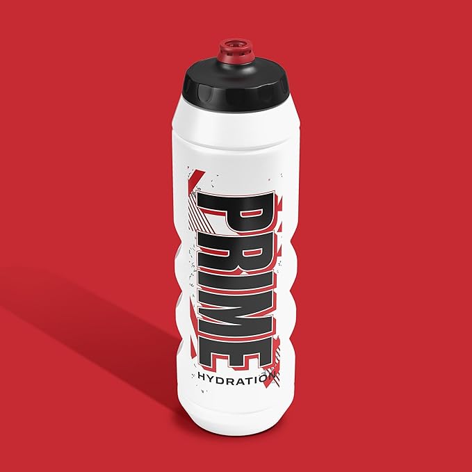 PRIME 32 oz Red & Black Graphic Squeeze Sports Water Bottle, BPA Free, Dishwasher Safe, Easy-Grip Ergonomic Leakproof Design, Fast Hydration for Gym, Cycling, Running