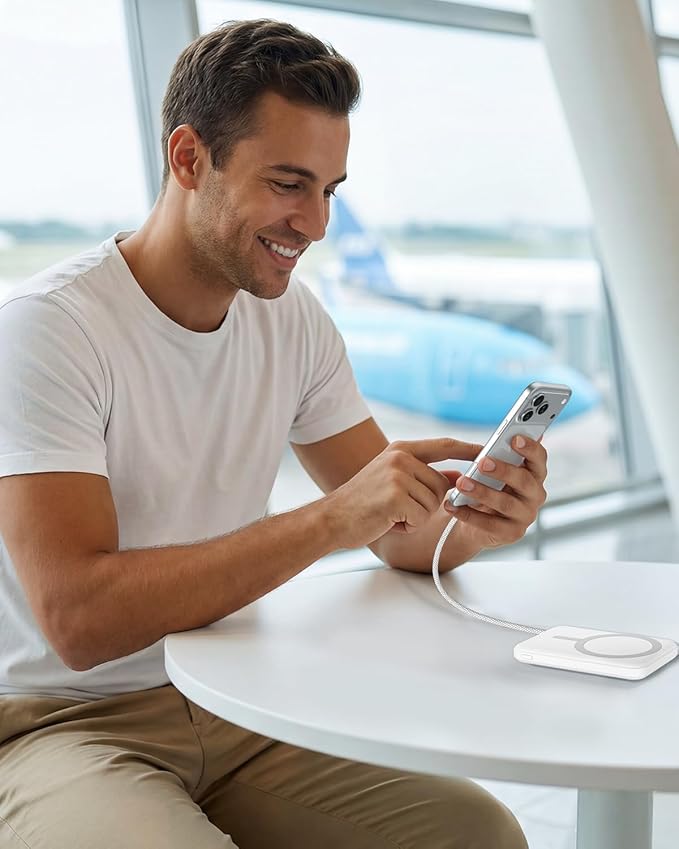 for Magsafe Power Bank, 5000mAh Magnetic Portable Charger with Built-in USB-C Cable, Wireless Battery Pack with 20W PD Fast Charging for iPhone 17/16/15/14/13/12 All Series-White