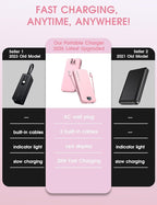 Portable Charger, 10000mAh PD20W Fast Charging Power Bank with Built-in Cables & Wall Plug, External Battery Pack with LED Display, Travel Essentials Battery Bank for iPhone, iPad, Samsung Fairy Pink