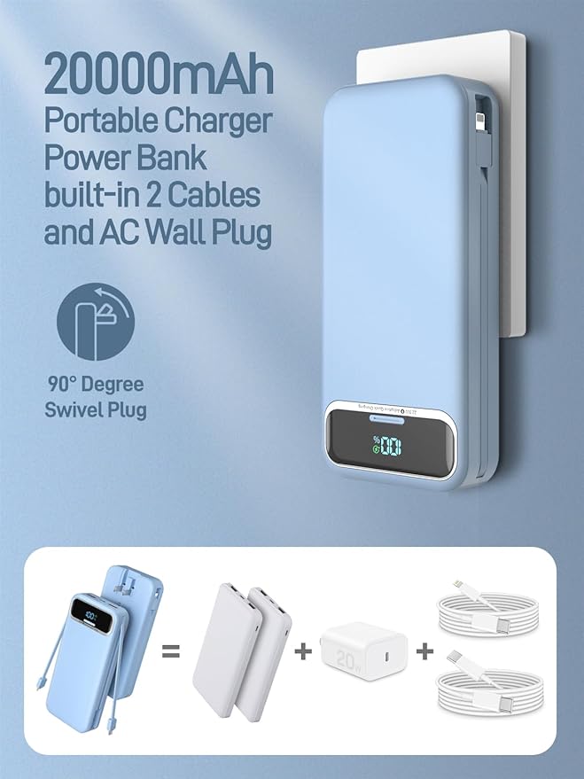 Portable Charger, 20000mAh 22.5W Fast Charging Power Bank with Built-in Cables & Wall Plug, Travel Essential External Battery Pack with LED Display, USB C Battery Phone Charger for iPhone Samsung Blue