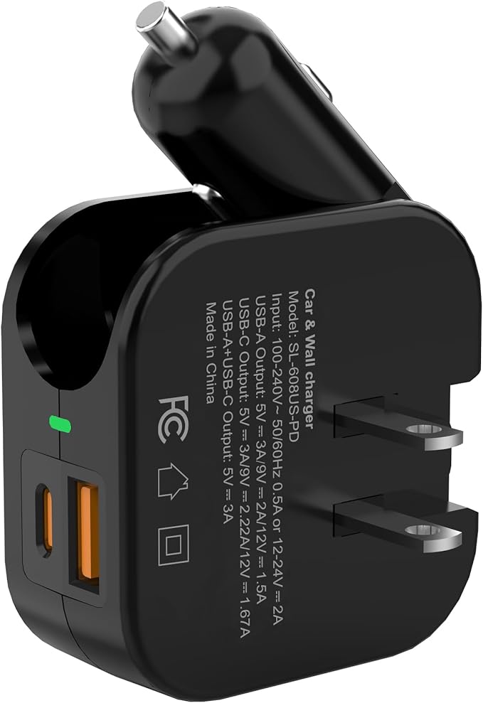 TRON Wall & Car Charger Travel Charging Station, 36W Dual USB-C & USB-A Fast Charger, Foldable for iPhone, iPad, Android, Earbuds – TR17