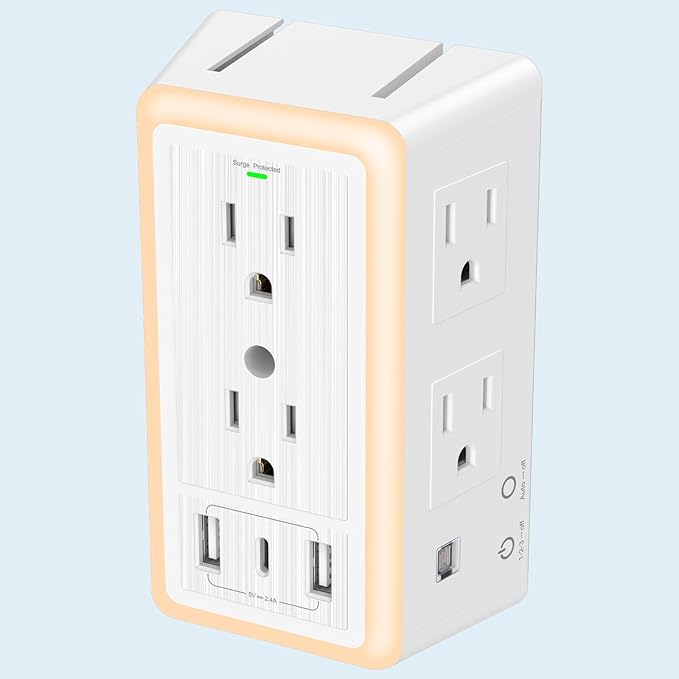 Wall Outlet Extender with USB Charging Ports 9 in 1 Plug Extension Block Multiple AC Outlets Splitter Power Hub Wall Tap 1500J Surge Protection Night Light Dusk to Dawn Sensor Switch ETL Listed