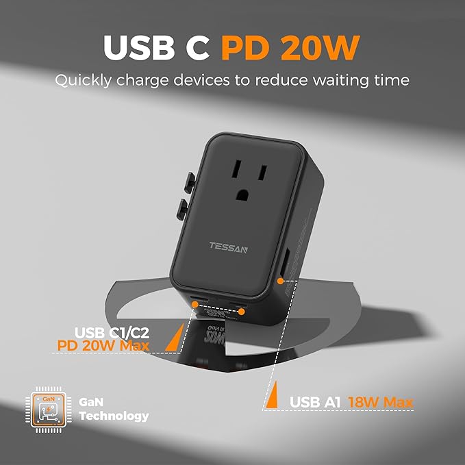 TESSAN 20W International Power Adapter, Ultra Slim Universal Travel Adapter with 2 USB-C 1 USB-A, Travel Adaptor Worldwide Plug for US to European UK Spain England New Zealand (Type C G A I), Black