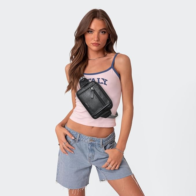 LATMAP 3L TRIPLE ZIP Fanny Packs Belt Bag For Women Men Crossbody Waist Pack Sling Chest Bum Travel Bag Purse Faux Leather Fashion Cute Black