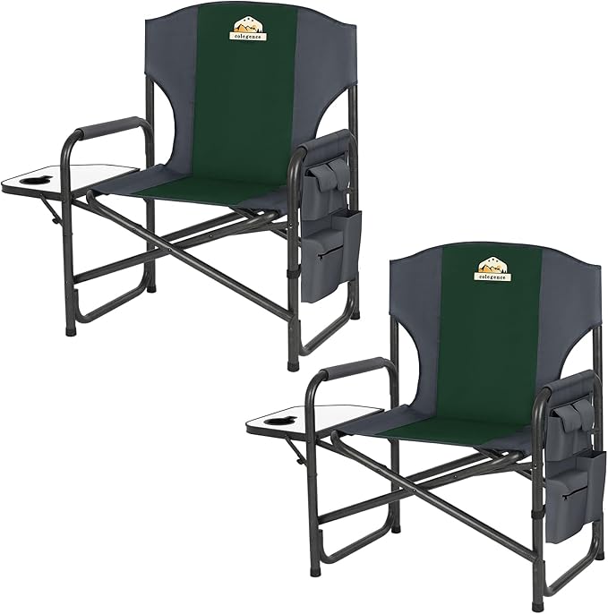 Colegence Oversized Directors Camping Chair Set of 2 Support 600 LBS, Heavy Duty Folding Outdoor Chairs with Detachable Side Pocket and Adjustable Side Table for Outside Beach,Lawn,Fishing (Green)