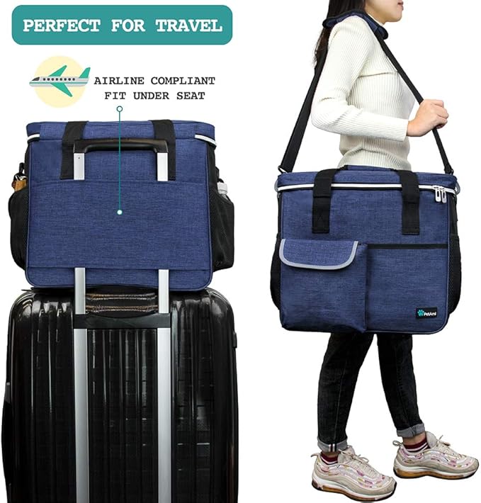 PetAmi Dog Travel Bag, Travel Pet Bag Organizer, Dog Food Travel Bag with Container Collapsible Bowls, Pet Travel Supplies Gift Accessories for Weekend Camping, Puppy Cat Diaper Bag, Navy Blue Large