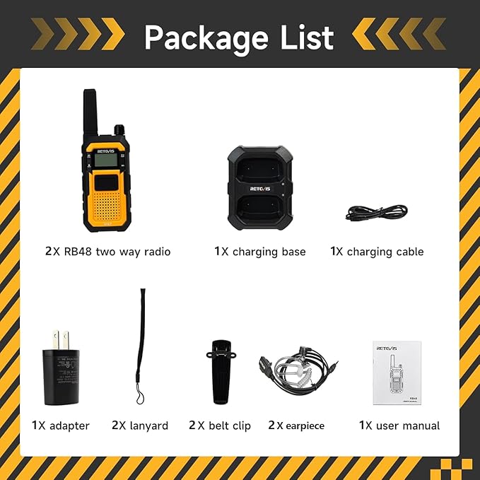 Retevis RB48 Walkie Talkies with Earpiece, Mil-Standards 810H, Waterproof Heavy Duty Two Way Radios, Vibration Call, 2000mAh, NOAA, 2 Way Radio Long Range(2 Pack)