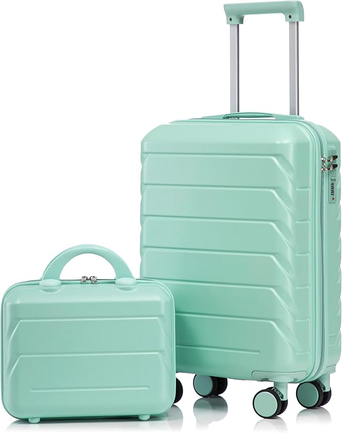 20 Inch Carry on Luggage with 14 Inch Cosmetic Case, 2 Pcs Hardshell Lightweight Durable Spinner Suitcase Set for Travel, Women, Men, TSA Lock, ABS, 20+14 Inch (Mint Green)