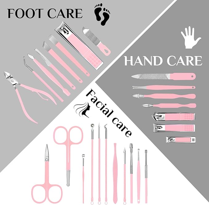 MINKINH 26-Piece Professional Manicure Set，Features Stainless Steel Tools, Carbon Steel Clippers & Travel Case for Women's Home and Travel Grooming(Pink)