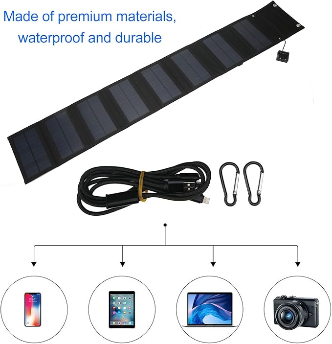Portable Solar Panel Charger 25W, 5V 2 5A Foldable Solar Phone Charger Kit, 8 Fold Solar Panels with 1 to 3 USB Charging Cable and Climbing Buckle for Outdoor for Tablets and Hiking, Solar Charger