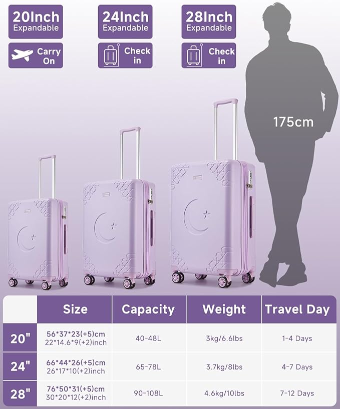 Somago Expandable Carry On luggage with Shock-Absorbing Braking Spinner Wheels Moon Star Design Hard Shell Suitcase with Cupholder TSA Lock (Light Purple,Expandable 20 Inch)