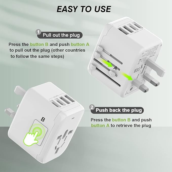 VYLEE Universal International Power Travel Plug Adapter, 5 in 1 European Travel Plug Adapter W/ 3.5A 2xUSB-A and 2xUSB C Wall Charger and Worldwide AC Outlet for Europe USA UK AUS Asia(White)