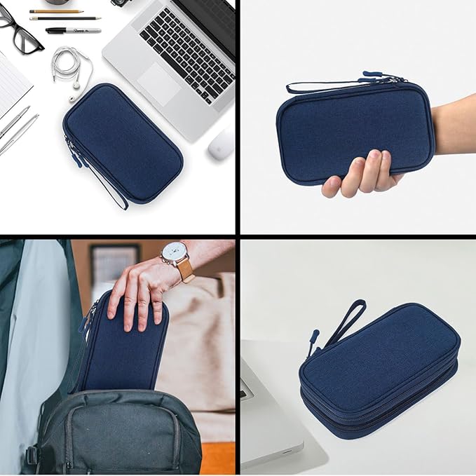 CAAORDKSO Electronic Organizer Travel Cable Accessories Bag, Double Layer Tech Pouch Accessories Carry Case, Travel Essentials for Cable, Cord, Charger, Phone, Power Bank, Earphone (Navy Blue, Large)
