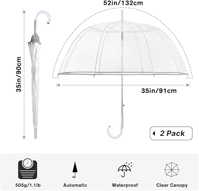 G4Free 52 inch Clear Bubble Umbrella, Large Canopy Transparent Dome Coverage Stick Umbrella, J Hook Handle European Style for Weddings,Prom,Graduation and Outdoor Events