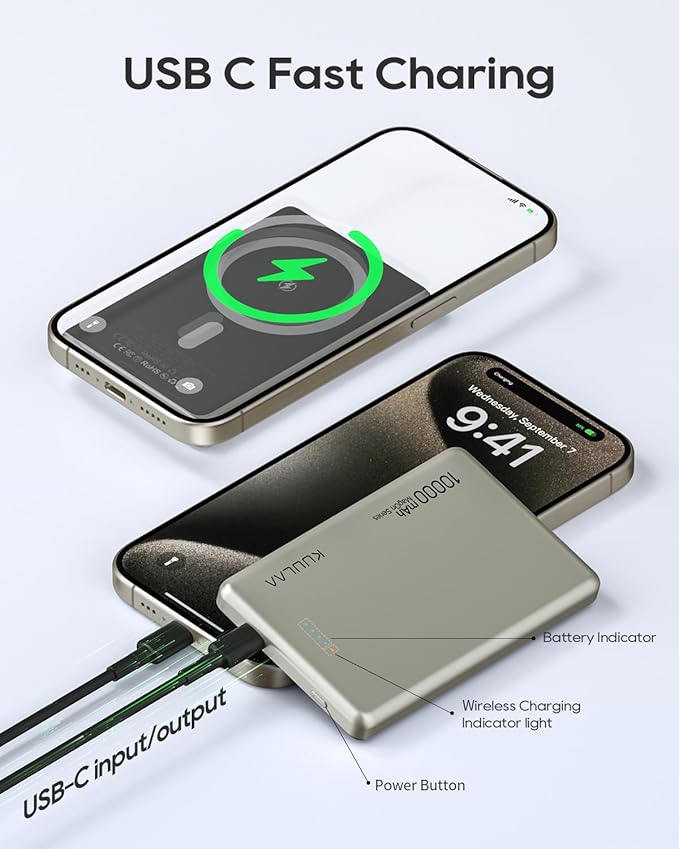 Kuulaa 10000mAh Magsafe Battery Pack 0.47IN Ultra Slim Magnetic Portable Charger Wireless Magsafe Power Bank Compatible with iPhone 16/15/14/13/12 Series