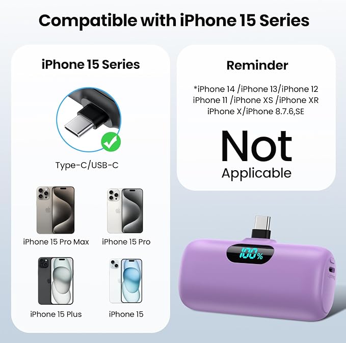 Mini Portable Charger USB C Power Bank,Upgraded 5000mAh PD Fast Charging Battery Pack Built-in USB-C Connector Travel Essential for iPhone17/17Pro/17Pro Max/Air/16 Plus/16Pro Max/15 Series,Android etc