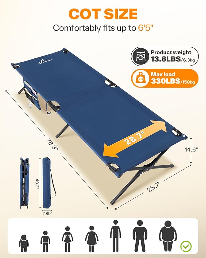 Sportneer Camping Cot, Military Cot Portable Camping Cots for Sleeping 78.3"x28.7"x14.6" Heavy Duty Folding Bed for Adults Teen Outdoor Travel Camping Tent Lounge Office Support 330 Lbs