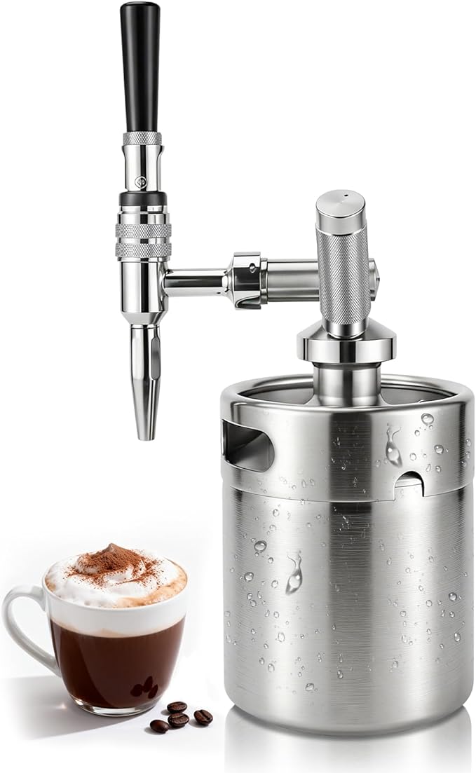 Nitro Cold Brew Coffee Maker, 64oz SS Mini Keg Cold Brew Maker, Nitro Coffee Machine System with Pressure Relief Valve & Stout Creamer Faucet Nitro Keg Coffee Growler Gift for Coffee Lovers