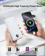 penaover Portable Charger with Built-in Cables&AC Wall Plug,5 Output 2 Input 20000mAh Power Bank,22.5W Fast Charging Battery Pack with LED Display,Compatible with iPhones,Android, Samsung etc,White