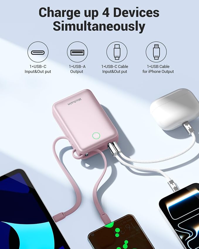 Hichain Portable Charger 20000mAh Power Bank 35W Power Bank Fast Charging Battery Pack with Dual in Cables Compact Battery Bank with Digital Display for iPhone Android Portable Phone Charger Pink