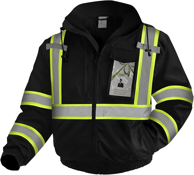 Hi Vis Rain Jackets, Reflective Safety Jacket with Pockets for Men& Women, Construction Coats for Cold Weather, Waterproof Rain Gear, Class 3, Black with Bottom, 4XL