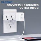 ELEGRP Triple Outlet Extender, 3-Prong Grounded Wall Tab, Multiple Outlet Extender Adapter Plug with 3 Electrical Outlets for Travel Home Hotel Office, ETL Listed, 2 Pack, White