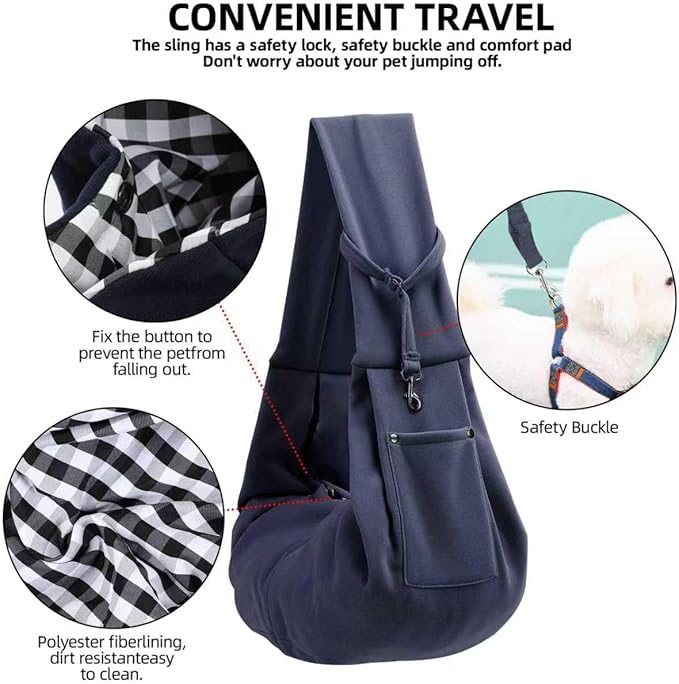 Dog Carrier Sling - Reversible Puppy Carrier Purse with Storage Pocket, Hand-Free Dog Sling Carrier for Carry Small Dogs and Cats, Travel Safety Harness, Dog and Cat Harness (Dark Blue)