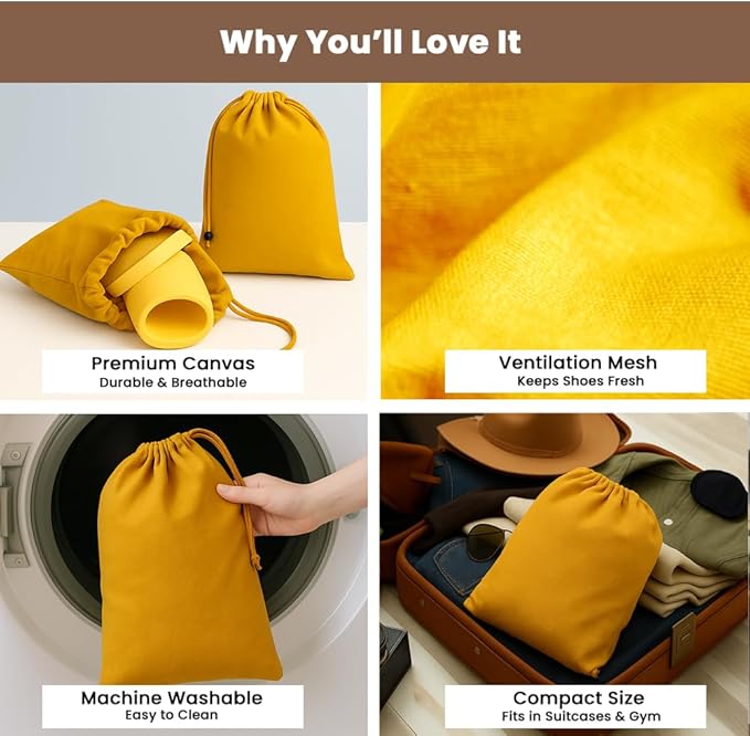 LFH Cotton Rich Shoe Storage Bags with Drawstring, Dustproof Breathable Reusable Organizer, Perfect For Travel, Dorm, Hotel, College, Gym, Easy to Carry, Machine Washable 12"x17" (Pack of 2) - Golden