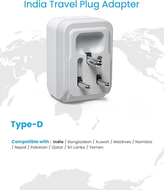 1 Pack US to India Plug Adapter, VINTAR Foldable India Power Adapter with 2 Outlets and 3 USB Ports(2 USB C), 5 in 1 Type D Plug Adapter for US to India Bangladesh Maldives Pakistan Sri Lanka