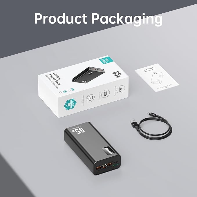 PSOOO Portable Charger 27000mAh 65W PD Fast Charging Power Bank, 3-Port External Battery Pack with LED Flashlight, Compatible with iPhone, Samsung, MacBook, Tablet, Travel & Outdoor Use (Black)