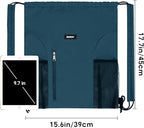 WANDF Drawstring Backpack with Shoulder Pad Sports Gym Backpack with Mesh Pocket String Bag for Women Men (Blue-Green)