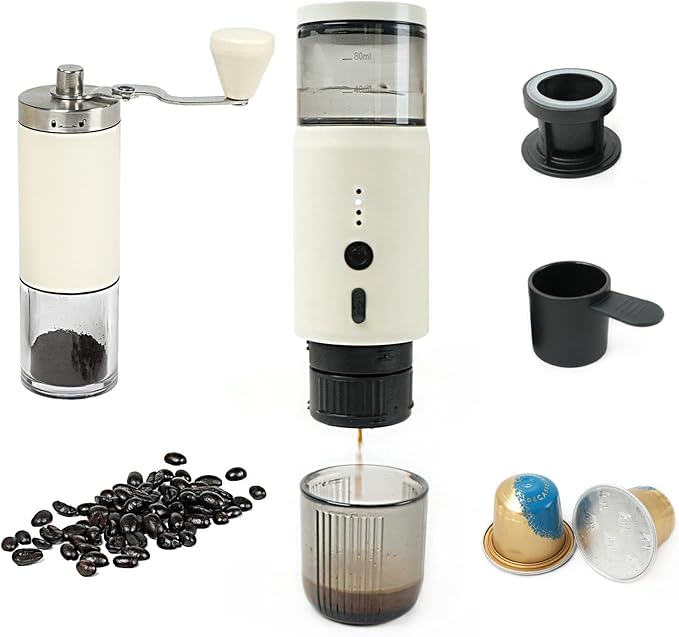 HAWOK Portable Espresso Coffee Machine & Manual Coffee Grinder Set, 80ml Water Tank, for Camping, Hiking, RV, Office, Home & Car