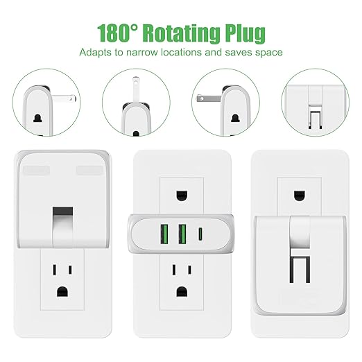Flat Wall Outlet Extender with USB Charging Ports, HICITY 180° Swivel Power Strip 2 USB Ports, 2 Prong Folding Plug for Tight Spaces, Type A Ultra Thin Design (White)