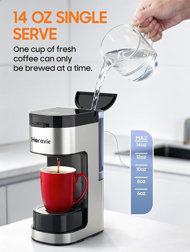 Horavie Single Serve Coffee Maker, Hot and Iced Coffee Maker for K Cup and Ground, 6 to 14 Oz Brew Sizes Single Cup Coffee Maker with Descaling Alert, Ideal for Home, Travel, RV and Dorm,Black