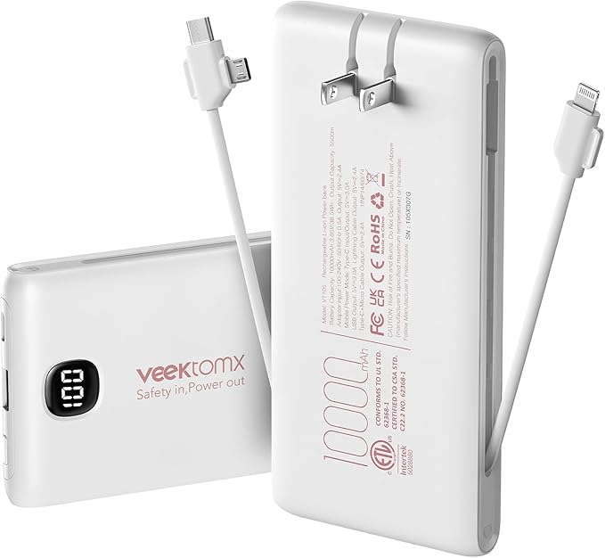 Portable Charger Power Bank Built in Cables and Wall Plug, 10000mAh iPhone Battery Pack Fast Charging, USB C External Slim Power Bank, Travel Essentials Compatible with iPhone 17 16 15 14 iPad, White