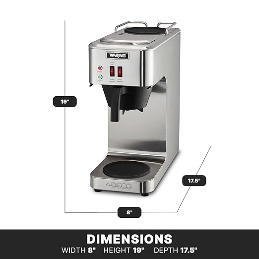 Waring WCM50 Café Deco Pour Over Decanter Coffee Brewer, Stainless Steel Construction, Two Individually Operated Warmers, No Plumbing Required, 120V, 5-15 Phase Plug,Silver
