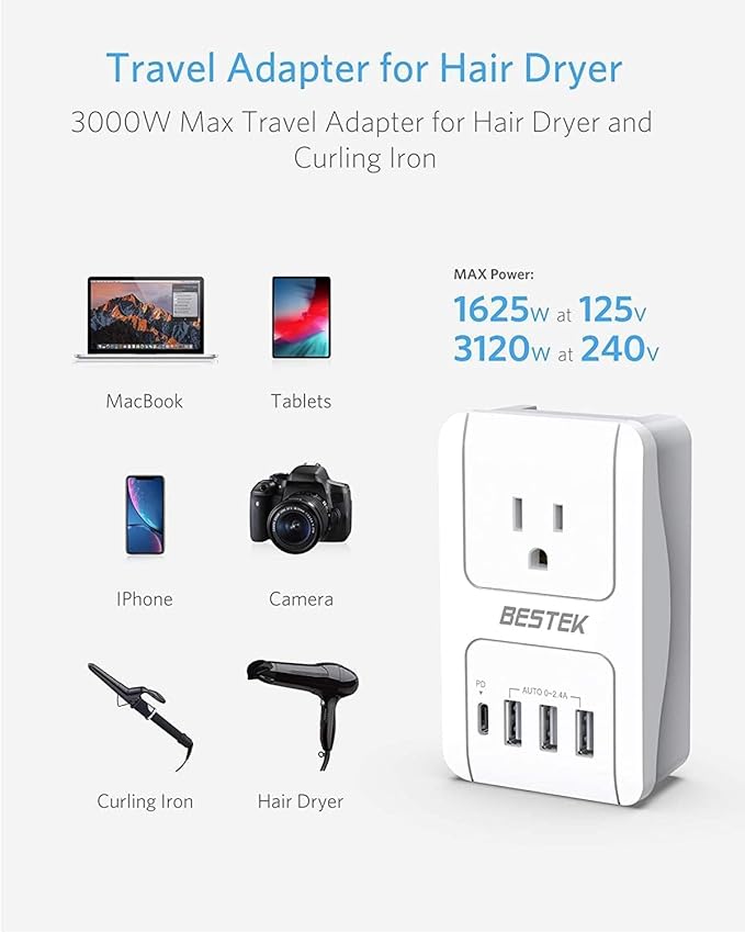 BESTEK International Travel Adapter, 3000W European Travel Plug Adapter for Hair Dryer Curling Iron, USB Travel Wall Charger with Worldwide Wall Plugs for US, EU(PD35W,1004, White)