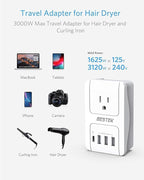 BESTEK International Travel Adapter, 3000W European Travel Plug Adapter for Hair Dryer Curling Iron, USB Travel Wall Charger with Worldwide Wall Plugs for US, EU(PD35W,1004, White)