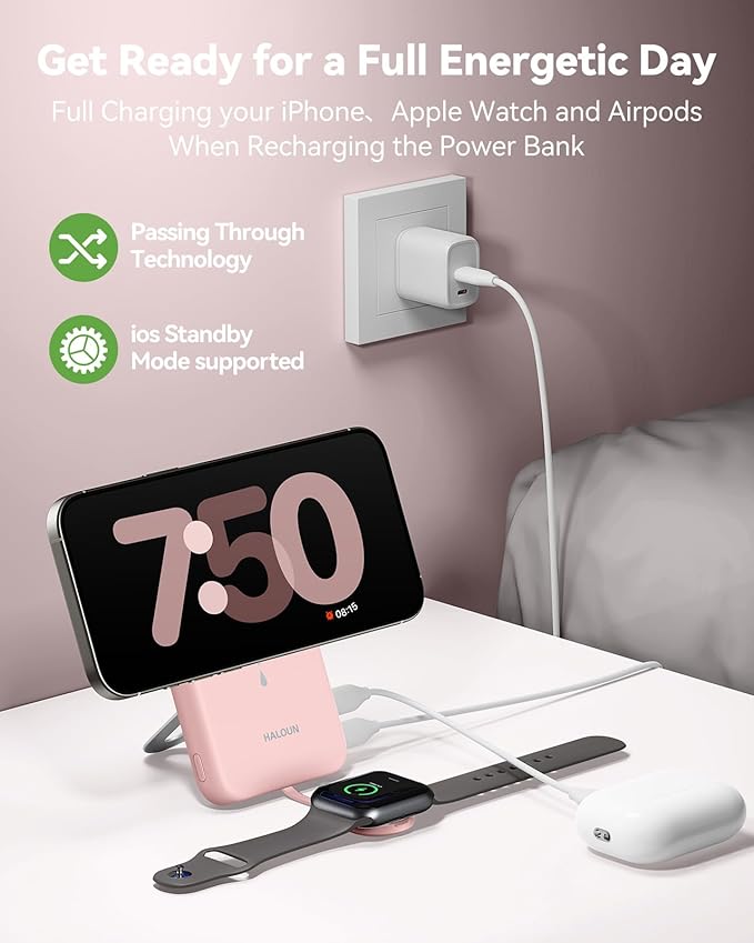 Magnetic Portable Charger for iPhone and Apple Watch, 10000mAh Wireless Power Bank PD 20W USB-C Fast Charging Battery Pack with Stand for iPhone Air/ 17/16/15/14/13/12 Pro Max、iWatch 11-1/SE/Ultra 3-1