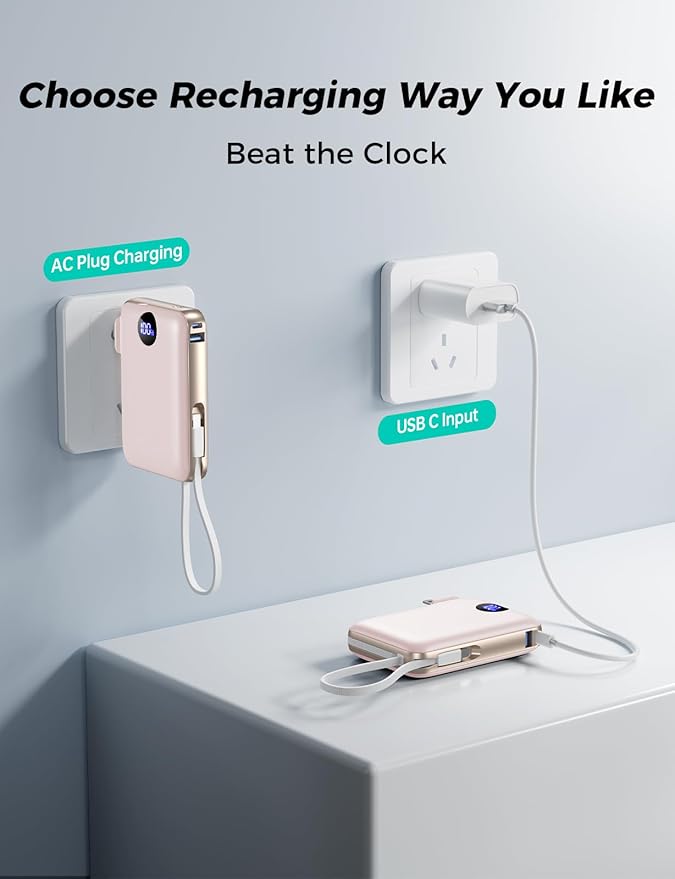 Portable Charger 10000mAh with Built-in Cables and AC Wall Plug, 22.5W Fast Charging Power Bank with LED Display for iPhone 17/16, Samsung, Android Devices, Camping, Road Trips and Travel, Pink