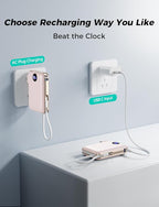 Portable Charger 10000mAh with Built-in Cables and AC Wall Plug, 22.5W Fast Charging Power Bank with LED Display for iPhone 17/16, Samsung, Android Devices, Camping, Road Trips and Travel, Pink