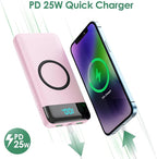 Wireless Portable Charger 30,800mAh 15W Wireless Charging 25W PD QC4.0 Fast Charging Smart LED Display USB-C Power Bank,4 Output& 2 Input External Battery Pack Compatible with iPhone,Samsung etc-Pink