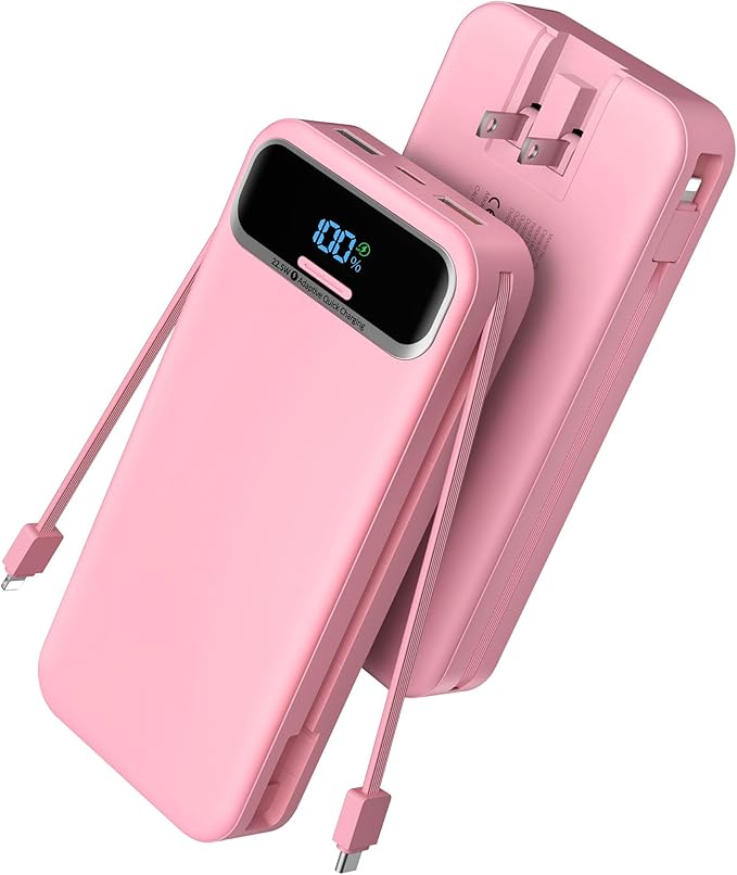 Portable Charger, 20000mAh 22.5W Fast Charging Power Bank with Built-in Cables & Wall Plug, Travel Essential External Battery Pack with LED Display, USB C Battery Phone Charger for iPhone Samsung Pink